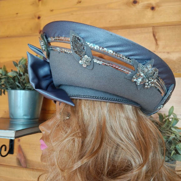 Vintage Deborah New York 70s Gray Satin Bow Wool Sequins Beaded Church Derby Hat